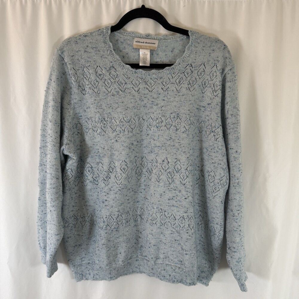 Alfred Dunner Sweater Women's 1X Blue Metallic Knit Open Knit Scallopped Diamond